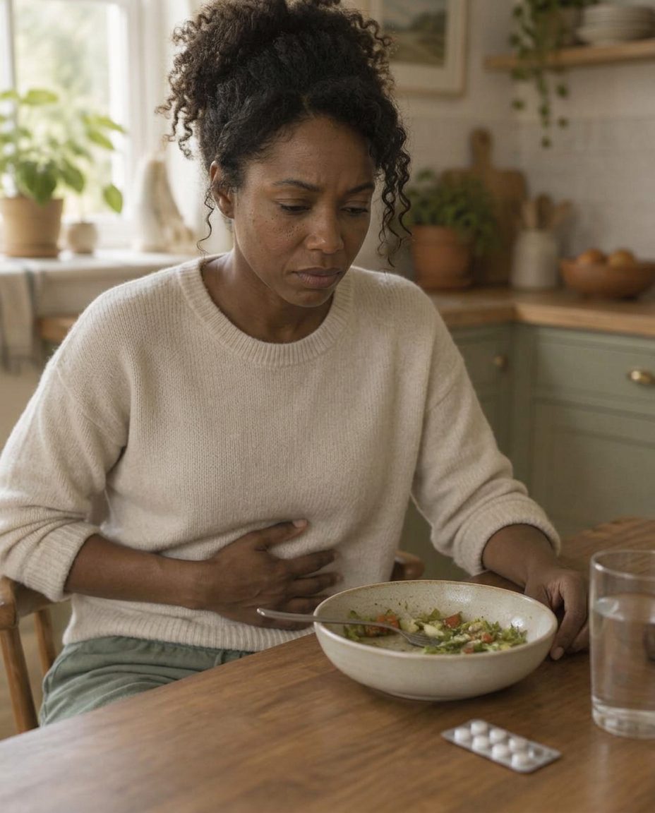 A woman pressing a hand to her belly at a kitchen table beside a half-eaten bowl of salad