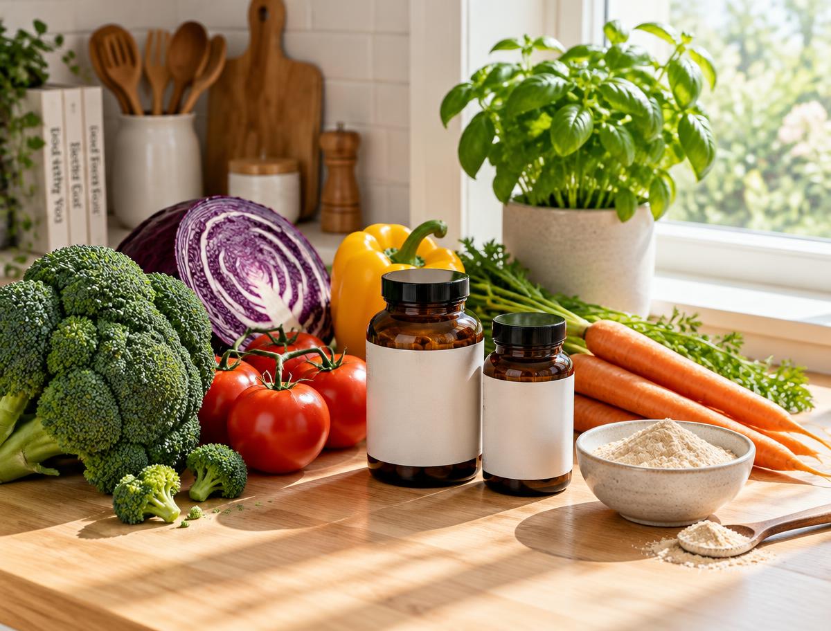 Fresh vegetables and probiotic supplement jars on a kitchen counter